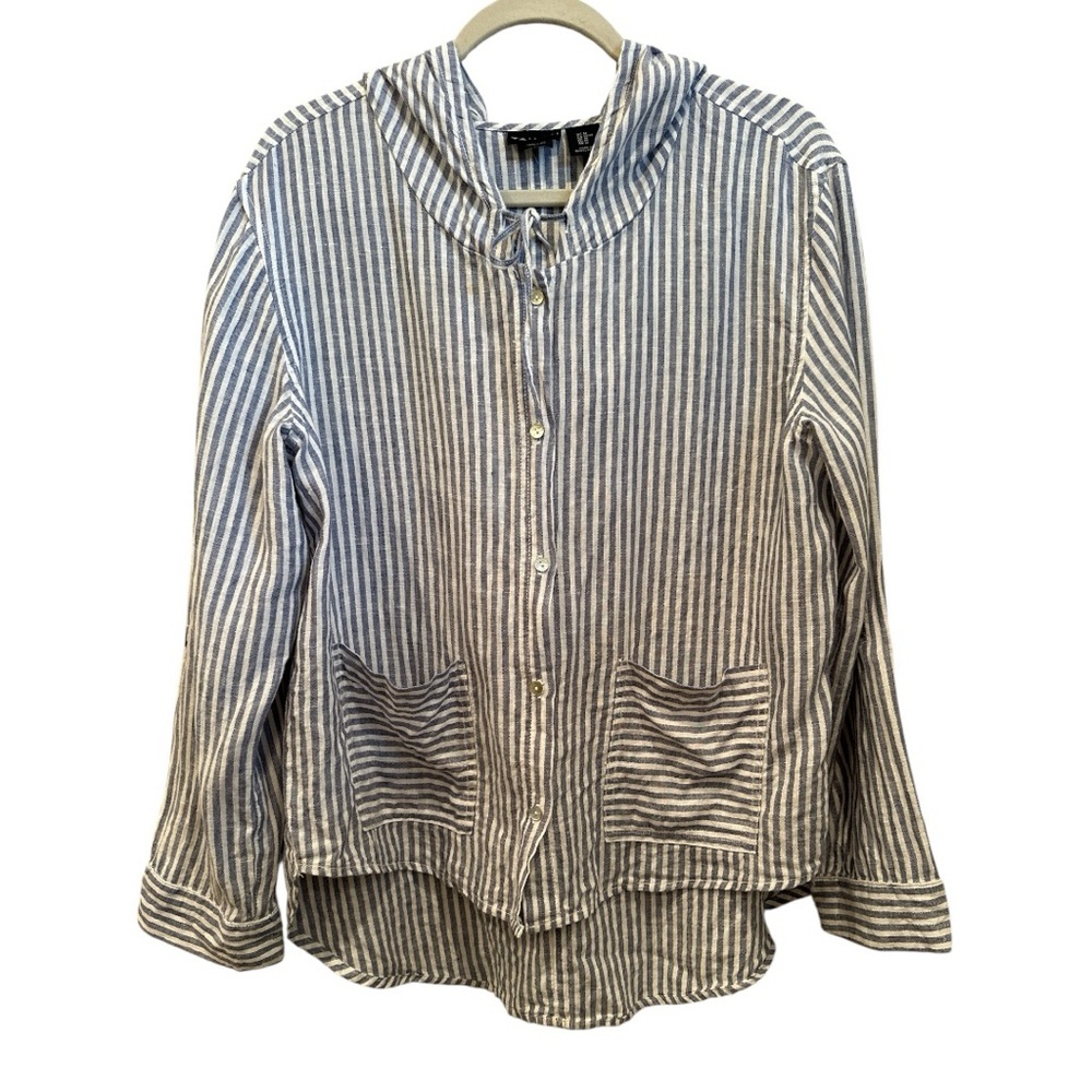 Tahari Blue and White Striped Button-Front Hooded Blouse